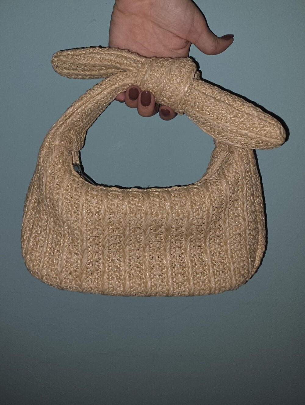 Woven Knit Knot-Handle Mini Bag - Beige W/ Zipper Closure
